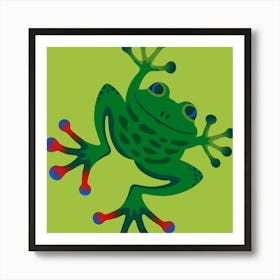 FROGGY SAYS HELLO Cute Smiling Jumping Friendly Frog Amphibian with Big Feet on Lime Green Kids Art Print