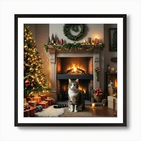 Christmas Cat In Front Of Fireplace Art Print