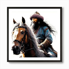 Mongolian Rider Oon A Horse Color Detail Drawing 1 Art Print