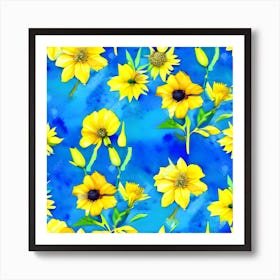Yellow Sunflowers On Blue Background Art Print