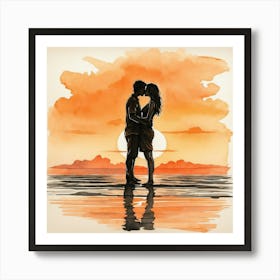 Couple Kissing At Sunset 1 Art Print