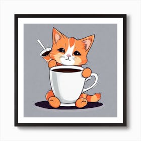 Cute Orange Kitten Loves Coffee Square Composition 44 Art Print