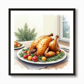 Watercolor Scene Of A Classic And Flavorful Roast Chicken With Veggies On A Modern Dining Table Art Print