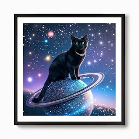 A Playful Black Cat With Glowing Green Eyes, Sitting Atop A Sparkling Planet With Rings, Like Saturn Art Print