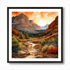 Watercolor Landscape Rocky Mountains Earthy Tones Art Print