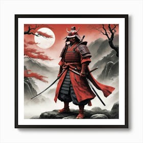 Lonely Japanese Red Samurai Warrior Art Print 0 Art Print