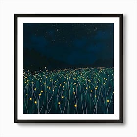 A Glowing Dark Field With Fireflies Art Print