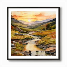 Watercolour Valley Crystal Clear Stream Running Art Print