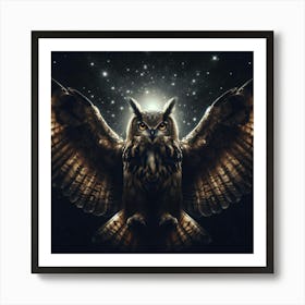 An illustration of an owl with outstretched wings against a starry night sky and a glowing moon, with intricate details and a realistic style Art Print
