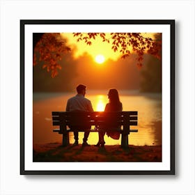 Couple Sitting On Bench At Sunset Art Print