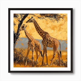 Giraffes Eating Tree Branches Brushstroke 3 Art Print