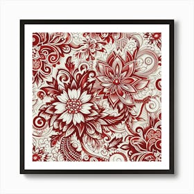 Batik, Red And White Floral Pattern 2 Art Print