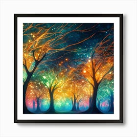 A captivating scene of trees that appear to be alive, with twinkling lights and vibrant 8 Art Print