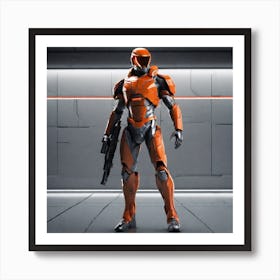 A Futuristic Warrior Stands Tall, His Gleaming Suit And Orange Visor Commanding Attention 1 Art Print