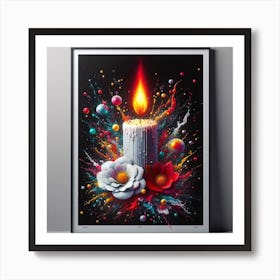 A lit candle inside a picture frame surrounded by flowers 1 Art Print