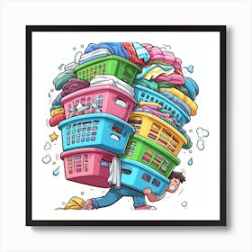 Cartoon Man Carrying Laundry Baskets 2 Art Print