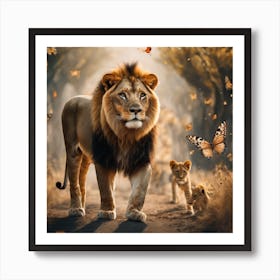 Lions And Butterflies 1 Art Print