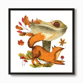 Autumn woodland wild fox and red leaves Art Print