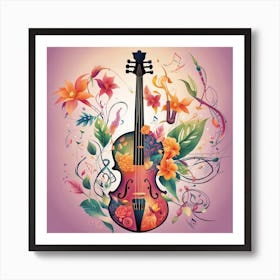 Violin With Flowers And Notes Art Print