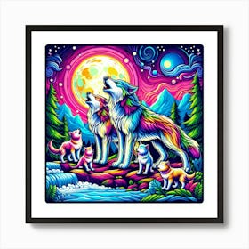 Loving Wolf Family Howling in Moon Art Print