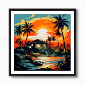 House At Sunset,Tropical Dream Home: A Serene Sunset Oasis with a Majestic Coconut Tree Art Print