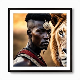 African Man And Lion Art Print