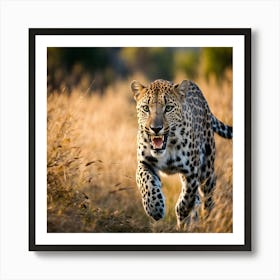 Leopard Running In The Grass Art Print