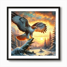 Oil Texture Winter Hawk At Sunset 1 Art Print