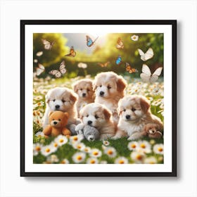 Golden Retriever Puppies In The Meadow Art Print