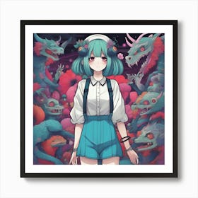 Anime Girl Standing In Front Of Monsters Affiche