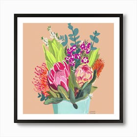 Neon Floral Aqua Vase With Proteas Art Print