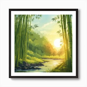 A Stream In A Bamboo Forest At Sun Rise Square Composition 28 Art Print