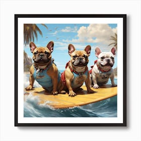 French Bulldogs On Surfboard Art Print