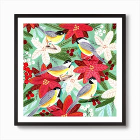 Chickadees and Christmas Floral Art Print