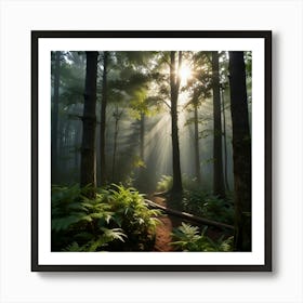 A Misty Morning In A Dense Forest With Rays Of Sunlight Filtering Through The Trees 2 Art Print