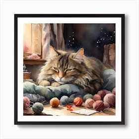 A cat taking a nap in the evening with wool balls scattered around and a warm winter atmosphere Art Print