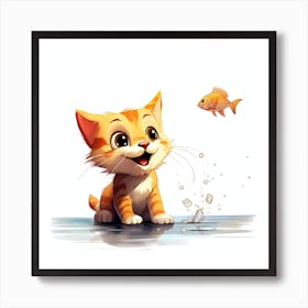 Cute Kitten With Fish Art Print