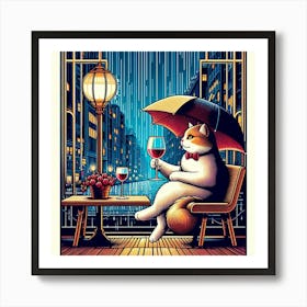 Cat Drinking Wine In The Rain 7 Art Print