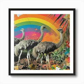 Rainbow Retro Ostrich Collage 3 Art Print