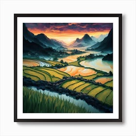 Beautiful views of rice fields, close to the river and surrounded by mountains, 23 Art Print