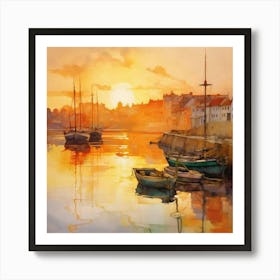 Watercolor Harbour at Sunset | Idyllic Dreamy Landscape Art Print