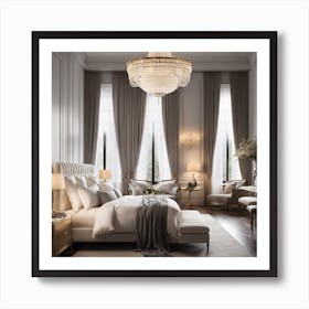 A Luxurious White Bed Sits In A Modern Yet Elegant Bedroom Centered Under A Chandelier, Surrounded By Pillows And Windows Providing Natural Light 1 Art Print