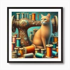 Cat and spools of thread 1 Art Print