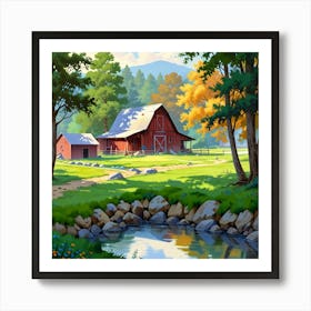 Red Barn In The Woods Poster