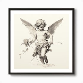 Pencil Drawing of Cherub Cupid with Rose Art Print