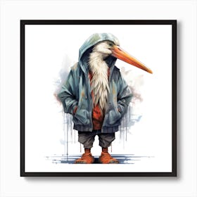 Watercolour Cartoon Stork In A Hoodie Art Print