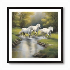 Paint A Dynamic Scene Of White Horses Running Alongside A Meandering Stream In A Pristine Rolling Art Print