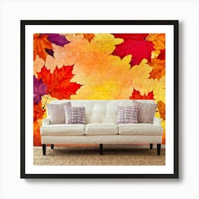 An Abstract Fall Themed Wallpaper A Group Of Maple Leaves In A Rainbow Of Autumn Hues Vivid Red W (1) Art Print