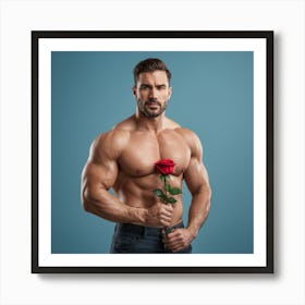 Muscular Man Holding A Rose in Blue Art Print