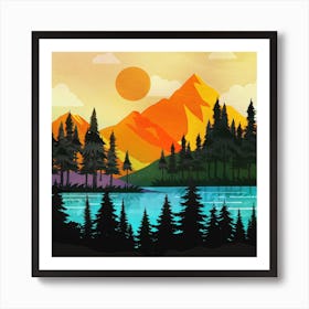 Colorful sunset near the peaceful forest lake Art Print